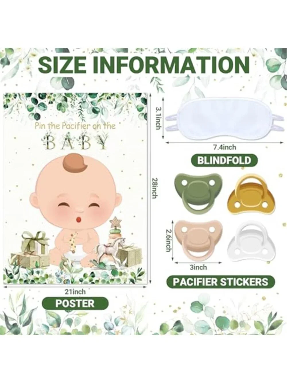 Pin The Pacifier Baby Shower Game Sage Green Poster Stickers Blindfold Set